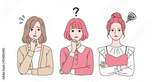 Three young women with different hairstyles are thinking about something vector illustration in cartoon style
