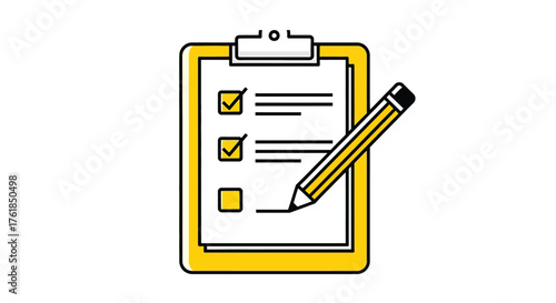 Yellow clipboard with checklist and pencil vector illustration of task management and organization concept
