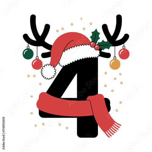 Festive number four wearing Santa hat, reindeer antlers, scarf, hanging ornaments, snow confetti, holiday season vector, clean backdrop
