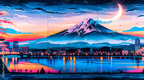 冬の夜明けに描かれた富士山のストリートアート風ベクター壁画
