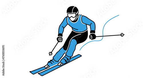 Athletic skier in blue racing suit descending a snowy slope with ski poles.