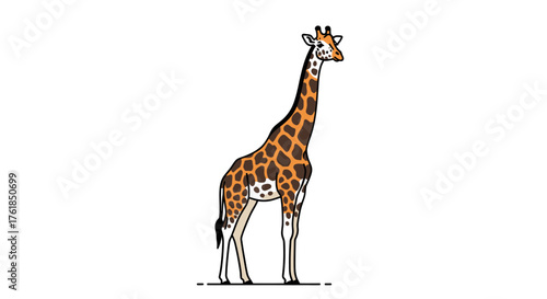 Standing Giraffe with Brown Spots and Long Neck Illustration.