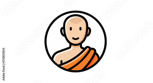 Cartoon illustration of a bald Buddhist monk in orange robes.