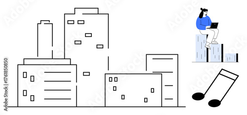 Urban skyline with minimalist building outlines, individual seated on a rooftop using laptop, large musical notes nearby. Ideal for urban lifestyle, creativity, remote work, music, productivity