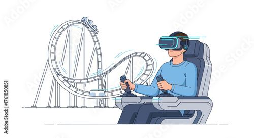 Person in VR headset enjoying immersive virtual reality roller coaster simulation.