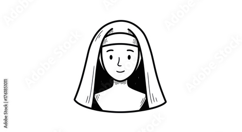 Stylized Black and White Illustration of a Nuns Head and Shoulders.