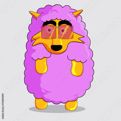 A hand-drawn wolf in pink sheepskin wearing sunglasses. Cartoon character for a postcard, sticker, cover, or motivational text.