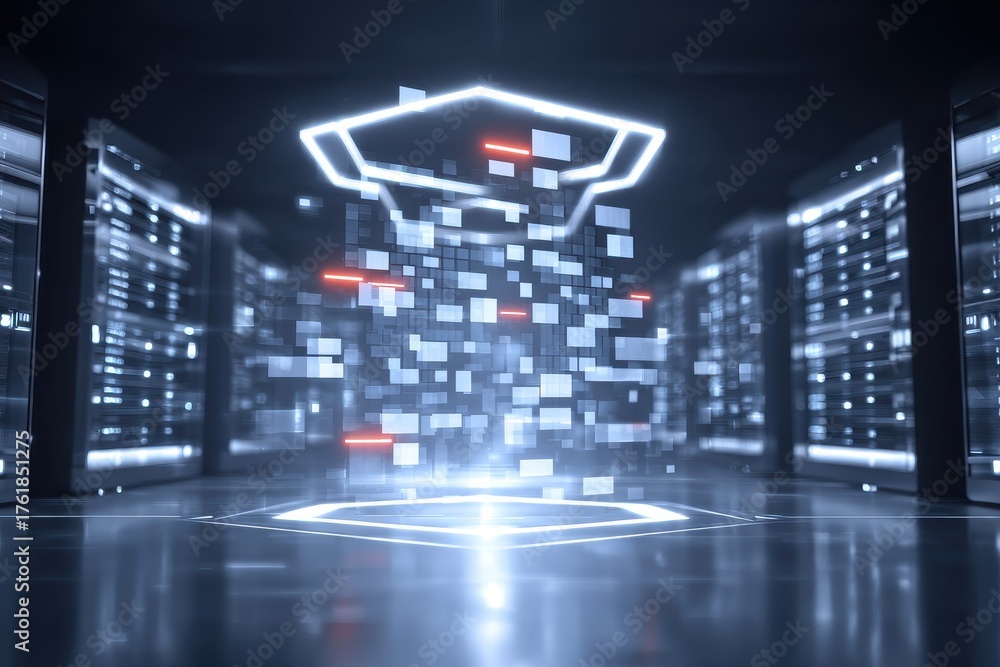 Fototapeta premium high security bunker filled with email monitoring screens, archive draft recovery system humming, fortified server, red alert announcement reporting breach