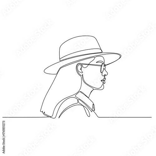 Young woman in a hat and glasses in a minimalist outline design  