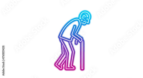 Neon Outline of an Elderly Person with a Cane.