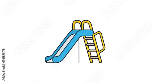 Cartoon playground slide with blue chute and yellow ladder.