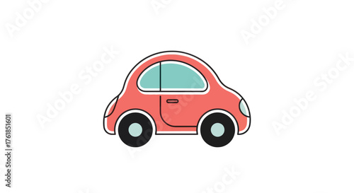 A simple cute red cartoon car with a rounded bubble shape and blue windows.