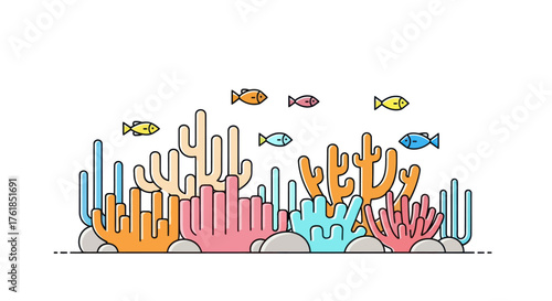 Vibrant Coral Reef Ecosystem with Small Fish Swimming.