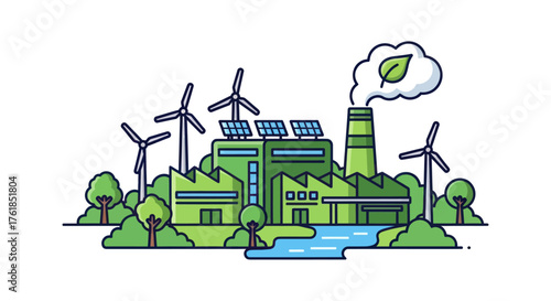 Green industrial factory powered by renewable energy from wind turbines and solar panels.