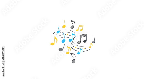 Colorful musical notes and staff lines swirling in a dynamic composition.