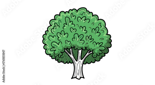 Stylized cartoon illustration of a lush green deciduous tree with a thick sturdy trunk and bold black outlines.