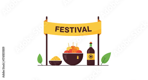 Colorful festival banner with traditional food and drink illustration.