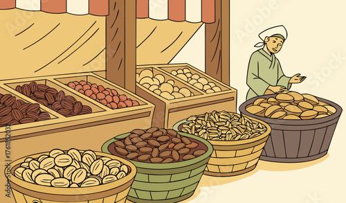 "in cold winter Traditional dry fruits shop filled with colorful baskets overflowing with almonds, pistachios, walnuts, cashews, and raisins, warm golden lighting highlighting the rich textures and na