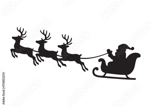 santa flying in sleigh with reindeer logo silhouette vector,  santa's sleigh silhouette vector illustration, christmas night sky sleigh and reindeer flying logo silhouettes vector on white background