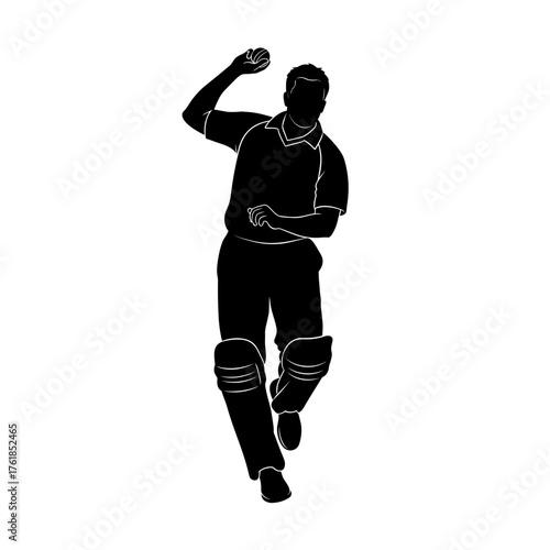 Silhouette of cricket bowler delivering ball with overarm action, professional athlete in dynamic motion wearing pads, black figure on transparent background, flat vector illustration