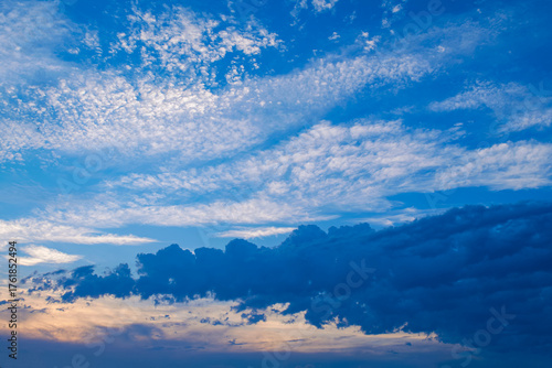 Sunset sky with multicolor clouds. Dramatic twilight sky background