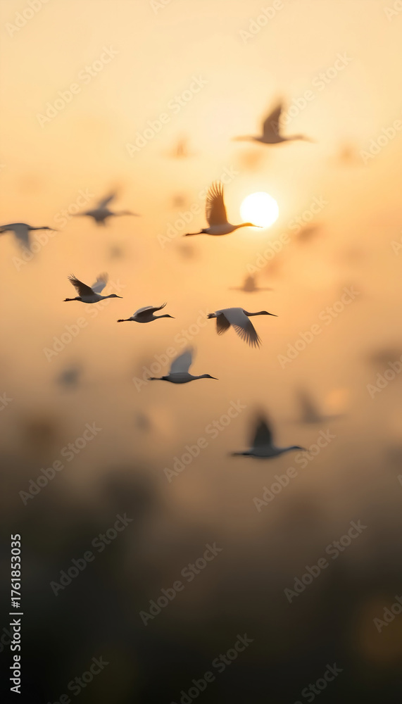 Obraz premium Flock of Cranes Flying at Sunset in a Serene Golden Sky Over the Horizon