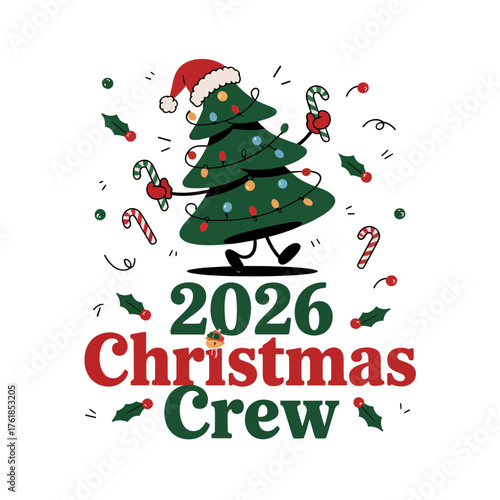 2026 Christmas Crew Design, Whimsical Tree And Ornaments, Winter Party Theme, Family Group Shirt, Seasonal Greeting, Vector Illustration
