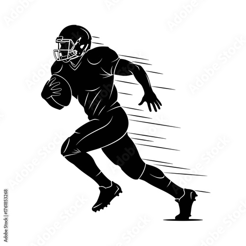 Silhouette of American football player running with ball at full speed, athlete in protective gear sprinting during game, dynamic black figure on transparent background, flat vector illustration