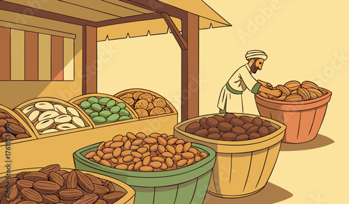 "in cold winter Traditional dry fruits shop filled with colorful baskets overflowing with almonds, pistachios, walnuts, cashews, and raisins, warm golden lighting highlighting the rich textures and na
