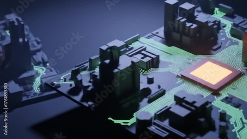 Cybernetic cityscapes glow with neon circuits linked by a digital network