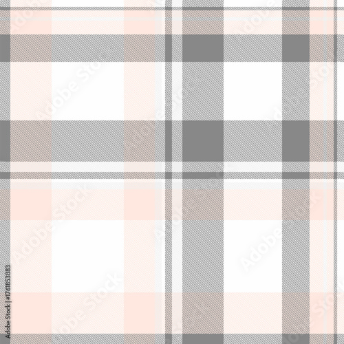 Soft plaid pattern, in peach, white, and grey. Ideal for backgrounds, textiles, and design projects needing a modern, yet comforting aesthetic. Versatile  stylish.