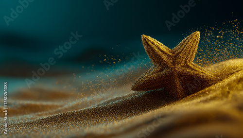 A solitary starfish emerges from the sandy seabed in the deep blue ocean water