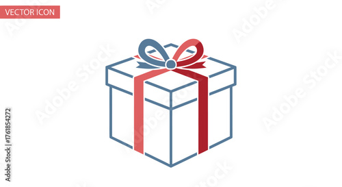 A simple line art illustration of a gift box with a red and blue ribbon.