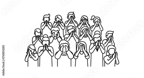 Group of People Covering Eyes with Hands Line Art.