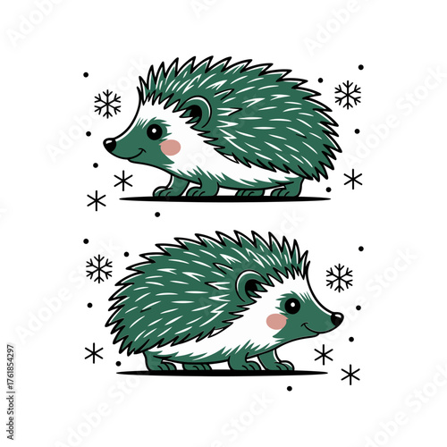 cute hedgehog duo, winter snowflakes background, woodland animal illustration, prickle joy theme, charming holiday season vector