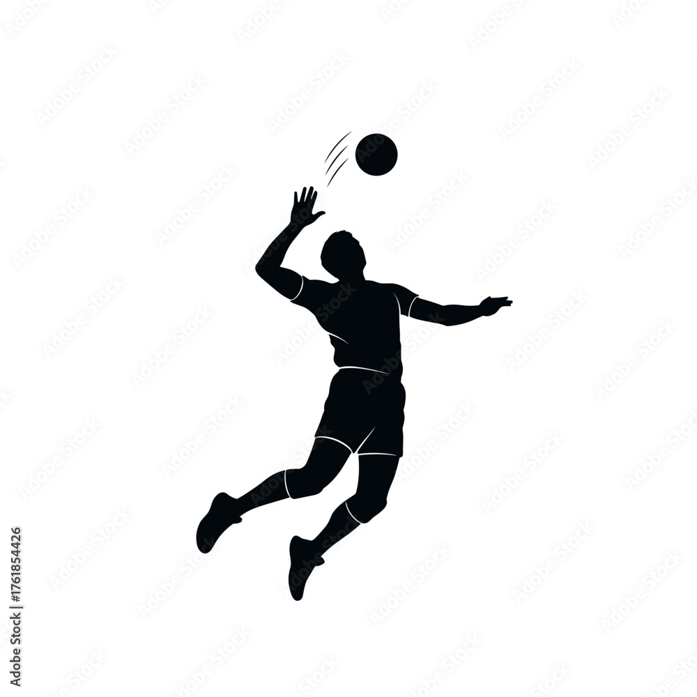 Naklejka premium Silhouette of volleyball player jumping for powerful spike, athlete in mid-air motion hitting ball, dynamic black shape on transparent background, flat vector illustration