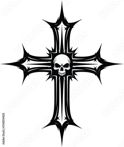 Dark Christian Cross with Human Skull - Death and Faith Symbolism Vector
