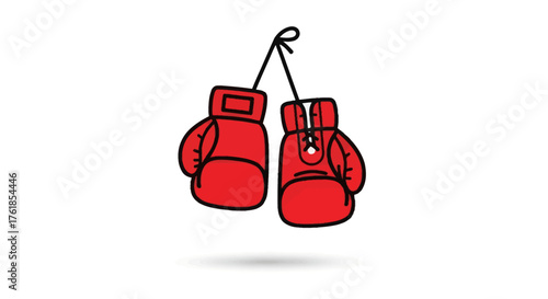 Hanging Red Boxing Gloves Illustration with Black Outline and Strings.
