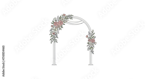 Elegant white wedding arch decorated with delicate pink flowers and botanical foliage.