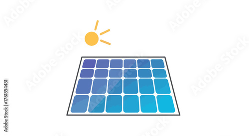 Blue solar panel array with stylized sun symbol.