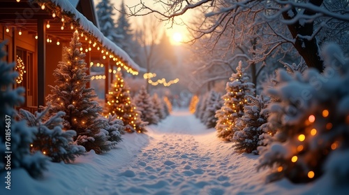 A magical winter landscape with a house decorated with garlands, a snow-covered path, and fir trees with garlands of lights. An atmospheric winter evening. 