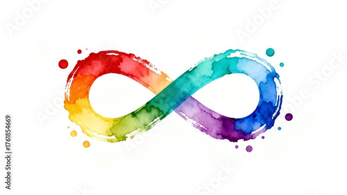 Watercolor rainbow infinity sign in the shape of a loop, symbol of autism and neurodiversity isolated on a white background with copy space