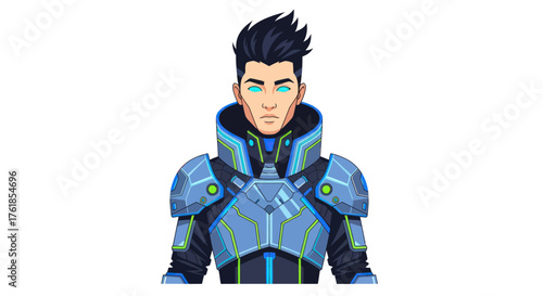 Futuristic Male Warrior Character with Glowing Blue Eyes and Sci-Fi Armor.