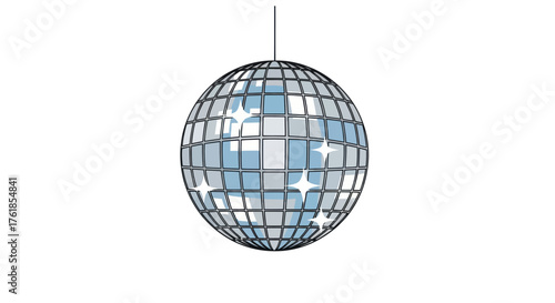A reflective disco ball with sparkling light effects suspended by a thin string.