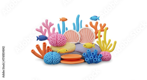 Colorful Coral Reef Scene with Fish and Shells Playful Underwater World.