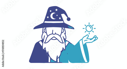 Mystical Cartoon Wizard with Blue Hat and White Beard Holding a Sun Symbol.