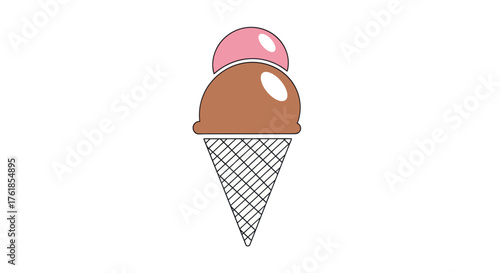 A simple cartoon illustration of a double scoop ice cream cone with pink and brown flavors.