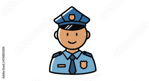 Cartoon police officer in uniform with hat and badge.
