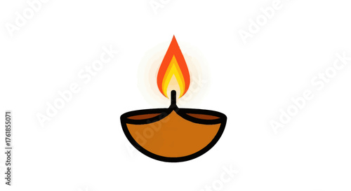 Stylized Traditional Indian Oil Lamp Diya with Bright Burning Flame.