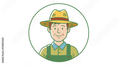 Smiling Cartoon Farmer Man in Straw Hat and Green Overalls Avatar Icon.